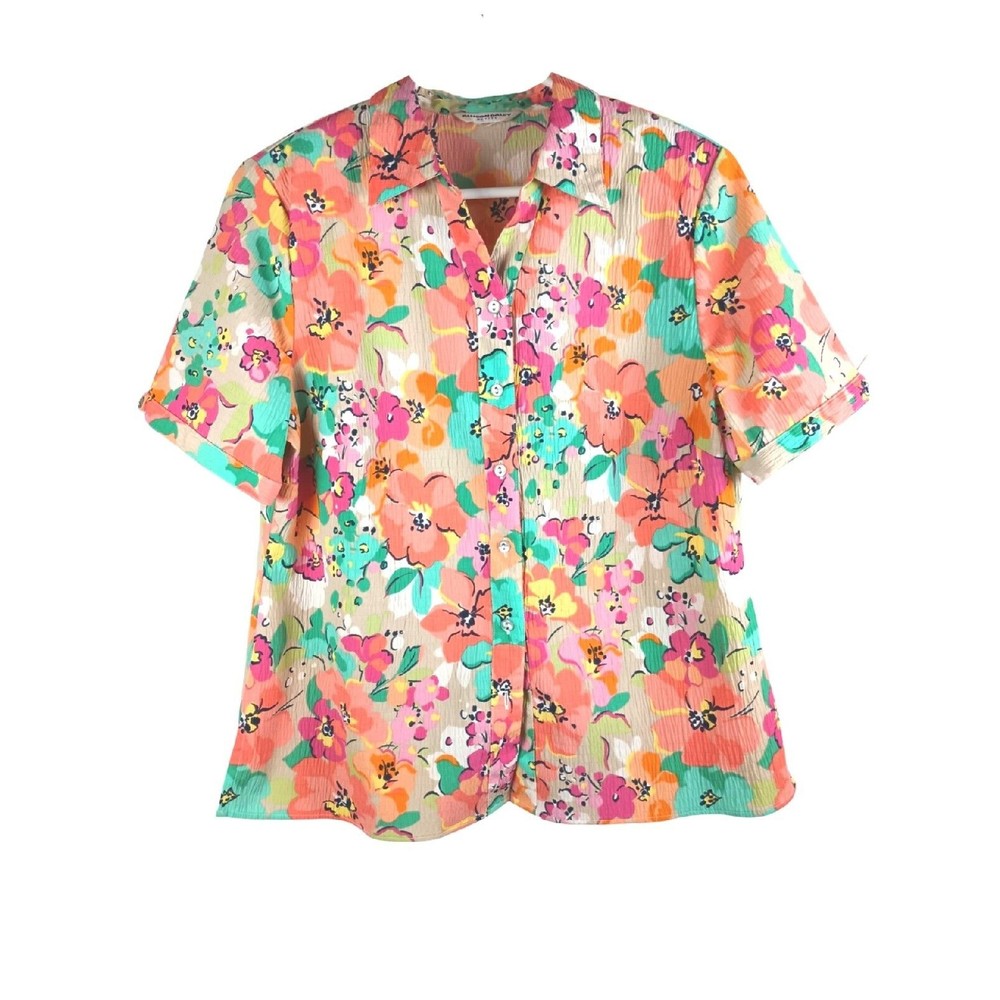 Allison Daley Petite Floral Blouse Sz PM No-Iron Button-Up Front Short Sleeve